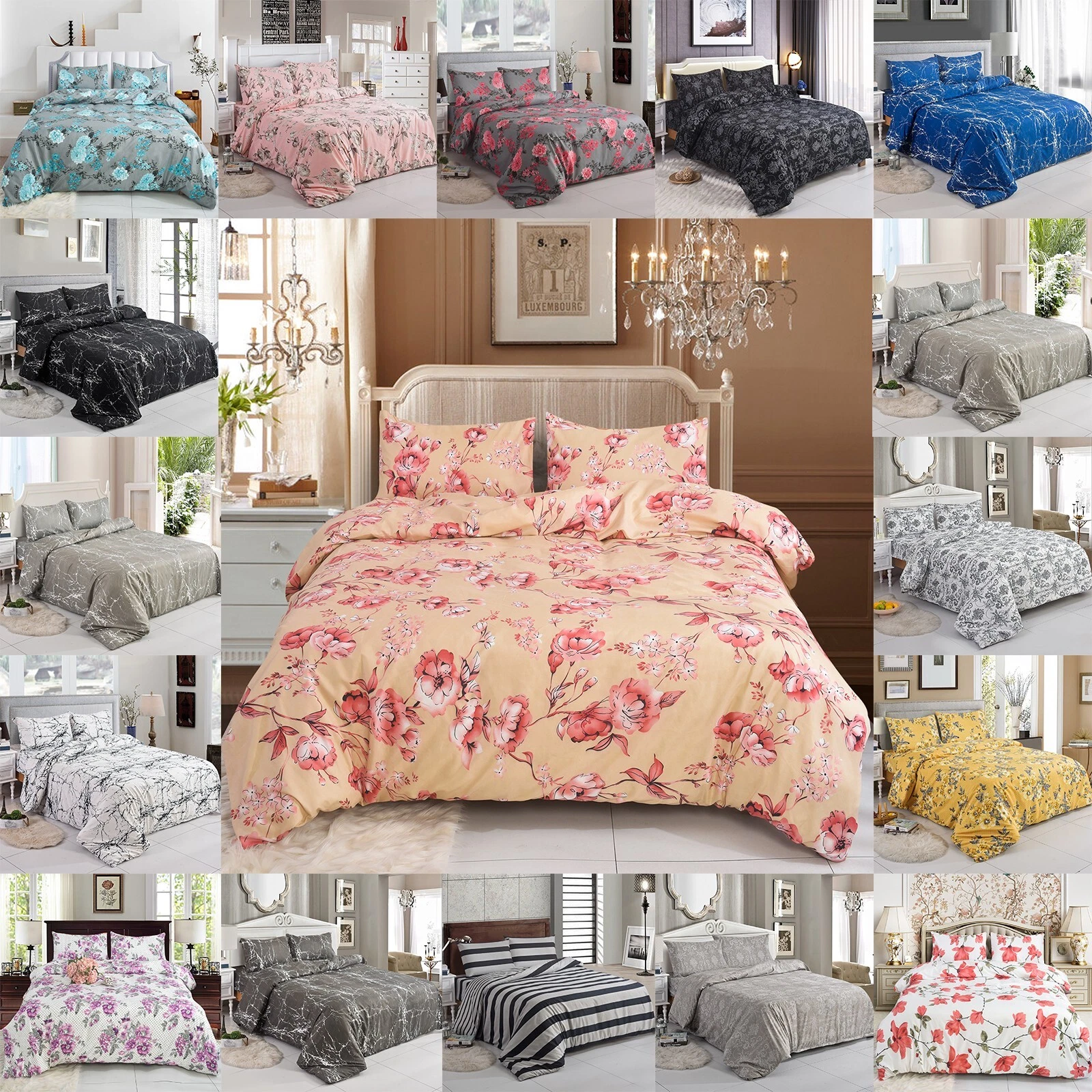 4Pcs Reversible Bedding Set Duvet Cover Fitted She